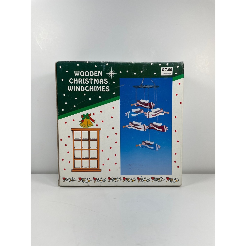 Vintage wooden Christmas wind chimes 1994 Angels blowing horns‎ NIB